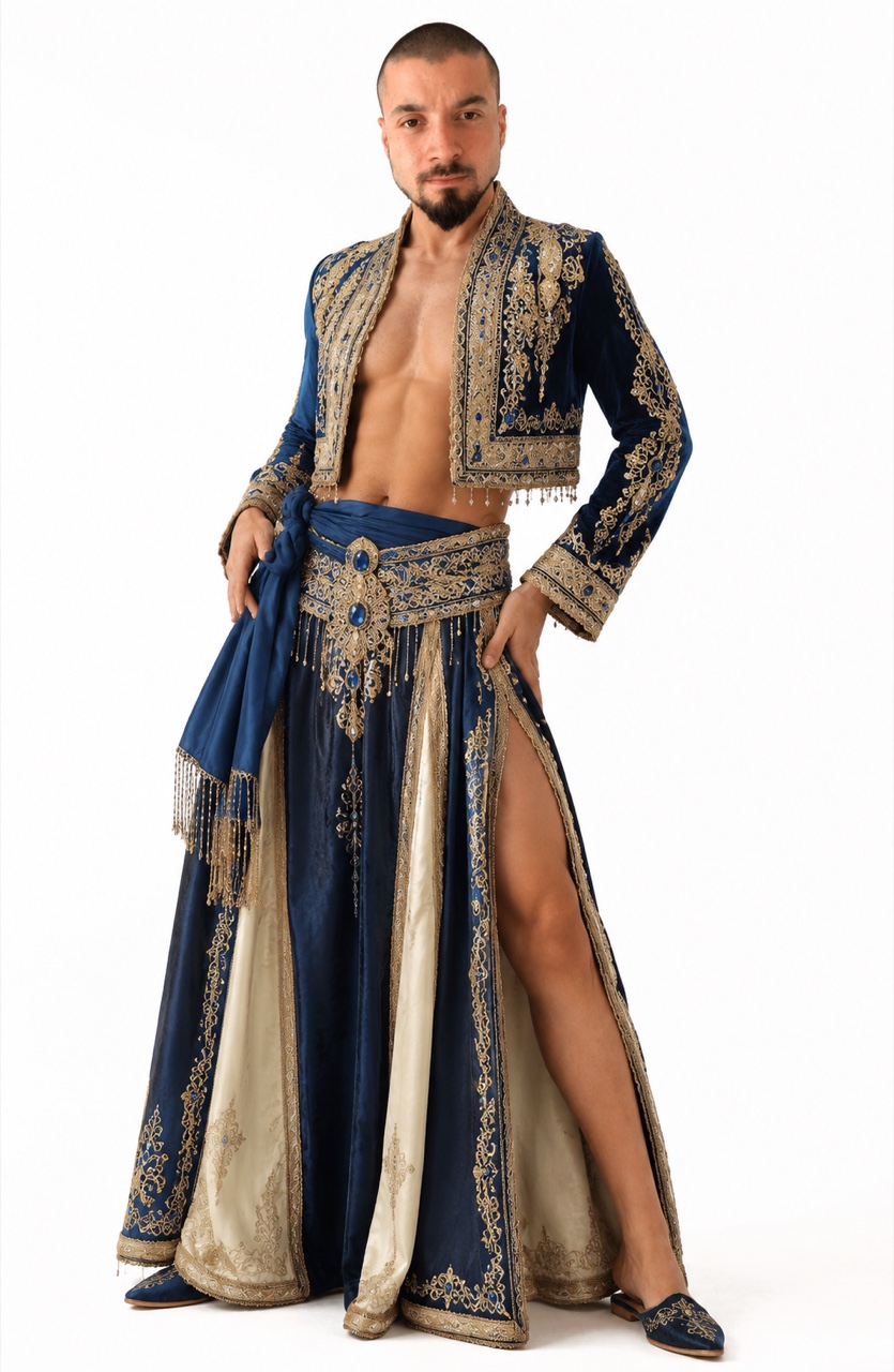 Koray Bulla performing on stage in a sparkling blue belly dance costume in Stockport